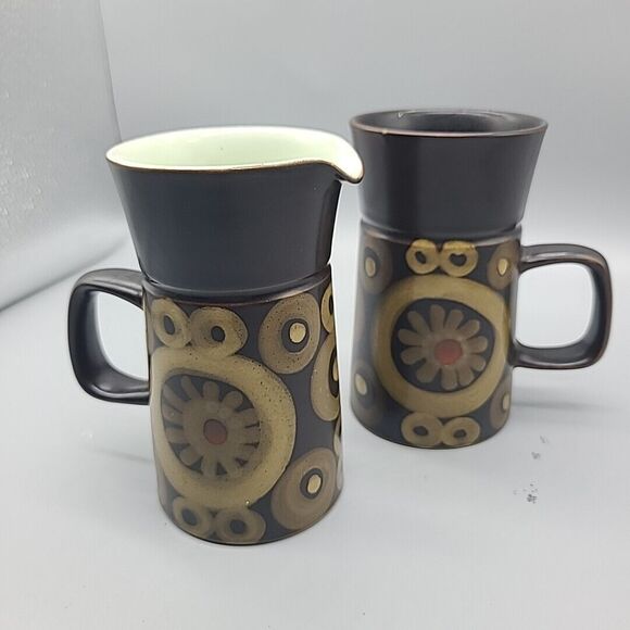 Denby Stoneware Arabesque Creamer Jug & Coffee Cup Mug Cup England Brown 14 oz - Picture 1 of 8